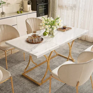 63" Luxury Dining Table Kitchen Dining Room Table Rectangle Modern Marble White Dinner Table with Gold Metel Frame for 6 People