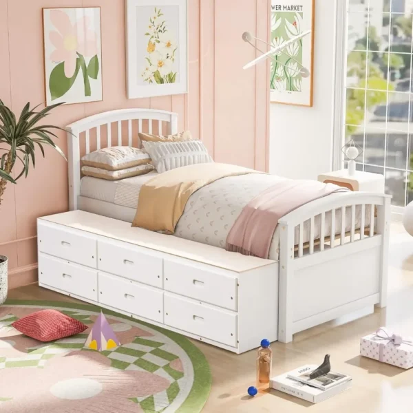 Twin Size Platform Storage Bed Solid Wood Bed with 6 Drawers bed furniture lit 2 personnes bedroom set furniture - Image 3