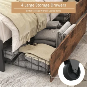 Bedstead Headboard with 2 Layers of Storage, Metal Platform Bed Frame with 4 Storage Drawers, Built-in Charging Station and LED - Image 4