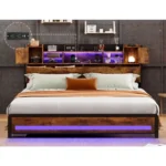 Queen Size Bed Frame with Charging Station, RGB LED Lights, 3 Tier Storage Headboard with Hidden Storage Space Bed