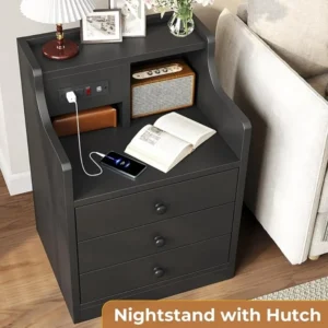 Black Nightstand with Charging Station 3 Drawers, Wood Sofa End Side Table with USB Ports and Outlet - Image 4