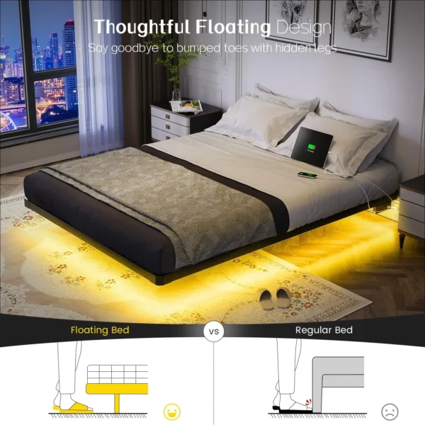 Floating Bed Frame Size with Smart LED Lights and Charging Station - Modern Metal Platform Bed, Easy Assembly No Box - Image 3