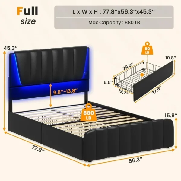 LED Full Size Bed Frame with Headboard, 4 Storage Drawers, USB Ports, Wooden Slats Support, No Box Spring Needed, Full Bed Frame - Image 4