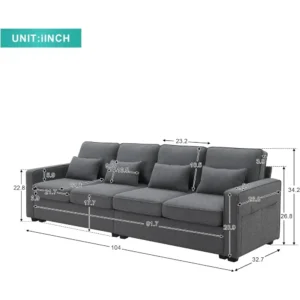 4 seat Modern Linen Fabric Sofa with Armrest Pockets and 4 Pillows,Minimalist Style Couch for Living Room, Apartment,Dark Grey - Image 2
