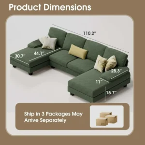 Sectional Couches for Living Room, U-Shaped Sofa Couch with Linen Fabric, 4 Seat Sofa Set with Double Chaise for Apartment Grey - Image 2