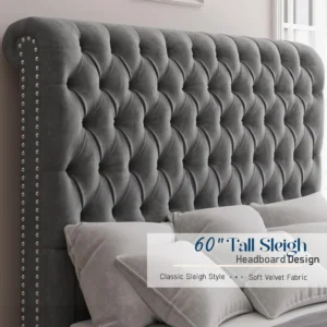 Bed Frame with Sleigh Headboard, Velvet Upholstered Platform Beds, King Size Bed Frame - Image 3