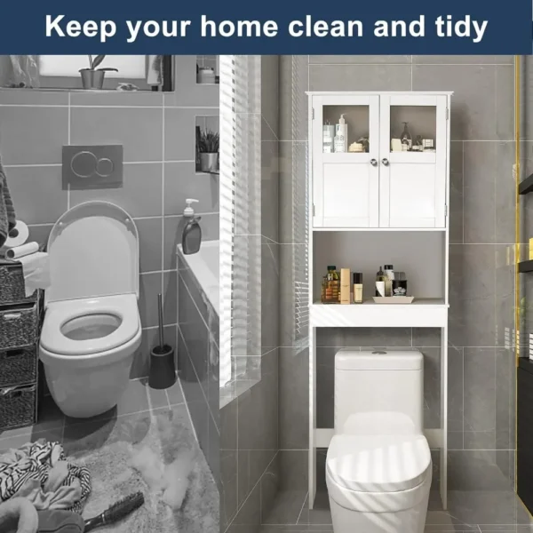 Over The Toilet Storage Cabinet with Adjustable Shelf White BathroomFloor Organizer Space Saver with Double Doors - Image 4