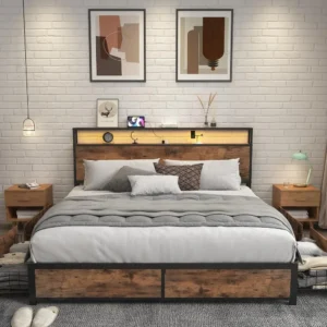 Bedstead Headboard with 2 Layers of Storage, Metal Platform Bed Frame with 4 Storage Drawers, Built-in Charging Station and LED - Image 6
