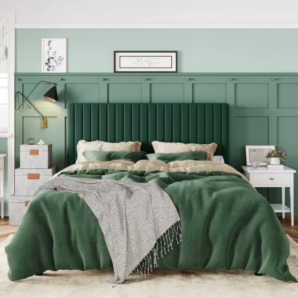 Queen Frame, Velvet Upholstered Platform Bed With Adjustable Vertical Channel Tufted Headboard, Mattress Foundation - Image 3