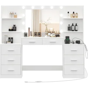 61.9" Vanity Desk Set,LED Lighted Mirror & Lights,7Large Drawer & Six Open Storage Dresser,Bedroom Dressing Table. - Image 6
