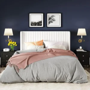 Full Size Velvet Bed Frame/Vertical Channel Tufted Wingback Headboard/Upholstered Platform Bed/Strong Wooden Slats/No Bo - Image 3