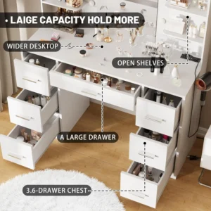 Vanity Desk with Mirror LED Lights and Power Outlet Makeup Vanity Table with 7 Drawers and 6 Storage Shelves Dressing Table - Image 5