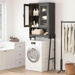 Over The Toilet Storage Cabinet with Tempered Glass Doors & Adjustable Shelf, Bathroom Organizer with Metal Stand Space Saver - Image 6