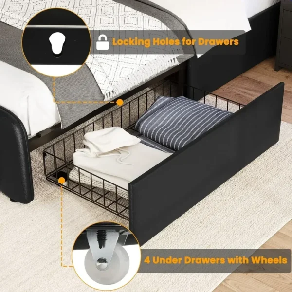 LED Full Size Bed Frame with Headboard, 4 Storage Drawers, USB Ports, Wooden Slats Support, No Box Spring Needed, Full Bed Frame - Image 5