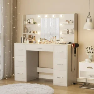 Vanity Desk with Mirror LED Lights and Power Outlet Makeup Vanity Table with 7 Drawers and 6 Storage Shelves Dressing Table - Image 2