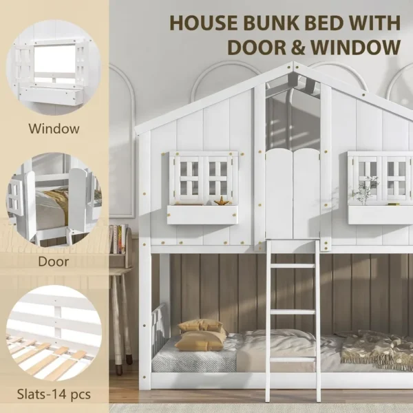 Over Twin Bunk Bed Wood for Kids Girls Boys, Wood Slat Support, Solid and Stable, with Door, Windows - Image 3