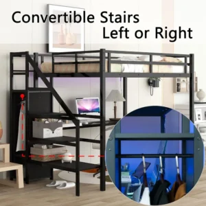 Loft Bed with Desk, Storage Stairs and Wardrobe, Full Loft Bed with Charging Station(USB Port, Outlets) and RGB LED Light - Image 6