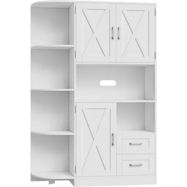 60.4" Kitchen Storage Cabinet, Freestanding Kitchen Shelves with Doors and Shelves, Dining Sideboard with Microwave Shelf, White