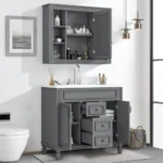36 "vanity with Integrated Resin Sink and Mirror Cabinet Storage Rack, Independent Single Basin Wooden Bathroom Cabinet