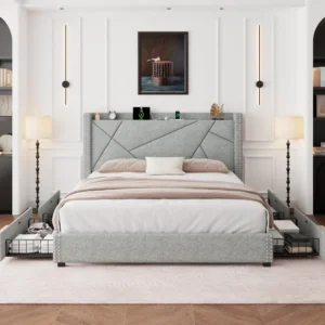 Queen Bed Frame with 4 Storage Drawers, Upholstered Platform Bed Frame, No Box Spring Needed, King Bed - Image 6