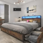 Queen Bed Frame with 2-Tier Storage Headboard Metal Platform Bed Frame with 4 Storage Drawers Built in Charging Station