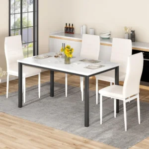 Dining Table Set for 4, Kitchen Table and Chairs, Faux Marble Dining Table with 4 Upholstered PU Leather Chairs - Image 3