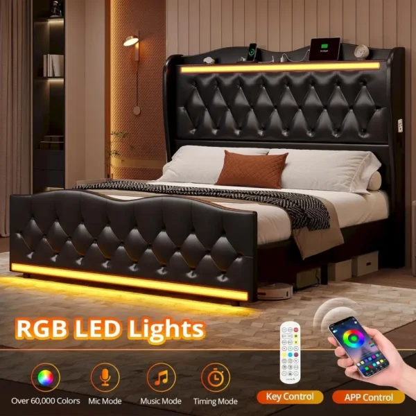 LED Bed Frame Queen Size with Tall Headboard Footboard, Charging Station, PU Leather Upholstered Platform, Storage Headboard - Image 3