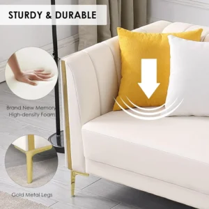 78'' Sofa, Modern White Couches for Living Room, Comfy, Faux Leather Sofa 3 Seater Sofa with 2 Throw Pillows and Gold Metal Legs - Image 6
