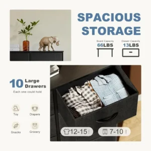 Dresser for Bedroom, Tall Storage Drawers, Fabric Storage Tower with 10 Drawers, Chest of Drawers with Fabric Bins, Sturdy Metal - Image 3