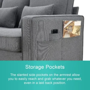 4 seat Modern Linen Fabric Sofa with Armrest Pockets and 4 Pillows,Minimalist Style Couch for Living Room, Apartment,Dark Grey - Image 6