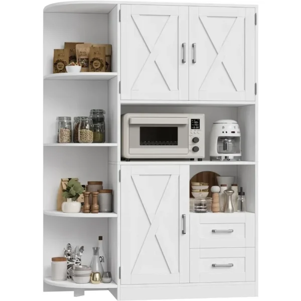 60.4" Kitchen Storage Cabinet, Freestanding Kitchen Shelves with Doors and Shelves, Dining Sideboard with Microwave Shelf, White - Image 2