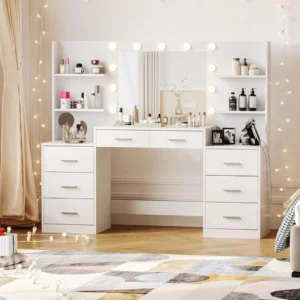 61.9" Vanity Desk Set,LED Lighted Mirror & Lights,7Large Drawer & Six Open Storage Dresser,Bedroom Dressing Table.