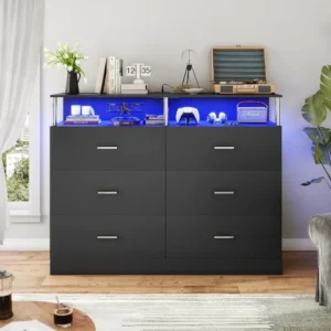 Black Dresser for Bedroom with 6 Drawers, Dressers & Chests of Drawers with Column Design & Charging Station, Modern Bedroom - Image 6