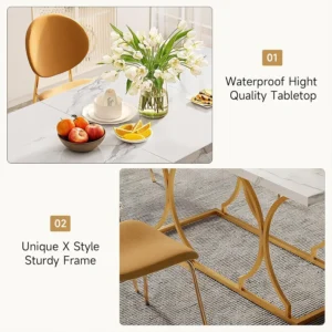 63" Luxury Dining Table Kitchen Dining Room Table Rectangle Modern Marble White Dinner Table with Gold Metel Frame for 6 People - Image 3