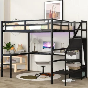 Full Size Loft Bed with Desk,Storage Stairs and Wardrobe,Full Loft Bed with Charging Station(USB Port,Outlets) and RGB LED Light - Image 3