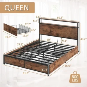 Bedstead Headboard with 2 Layers of Storage, Metal Platform Bed Frame with 4 Storage Drawers, Built-in Charging Station and LED - Image 5