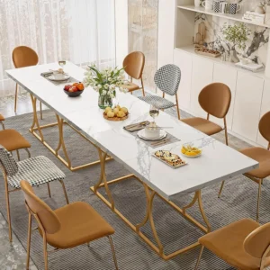 63" Luxury Dining Table Kitchen Dining Room Table Rectangle Modern Marble White Dinner Table with Gold Metel Frame for 6 People - Image 6