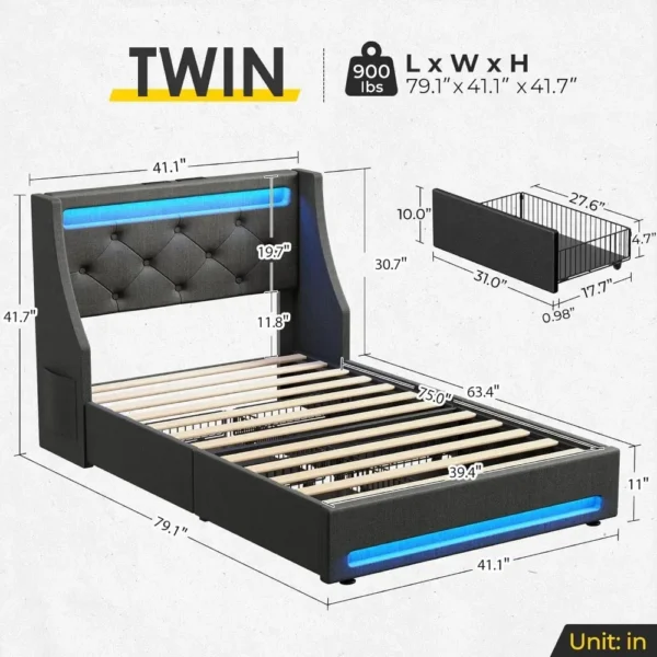 Twin Bed Frame with LED Lights and Charging Station, Upholstered Bed with Drawers, Wooden Slats, Noise Free, Easy Assembly - Image 5