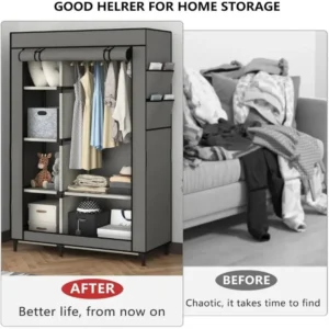 Canvas Wardrobe Portable Closet Wardrobe Clothes Storage with 6 Shelves and Hanging Rail,Non-Woven Fabric,Quick and EasyAssembly - Image 5