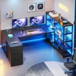 Shaped Gaming Desk, Reversible U Shaped Computer Desk with Power Outlet and Storage Shelves