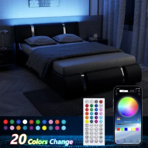 Queen/Full LED Bed Frame with Adjustable Headboard, Modern Upholstered Bed Frame with Faux Leather & Metal Decoration - Image 2
