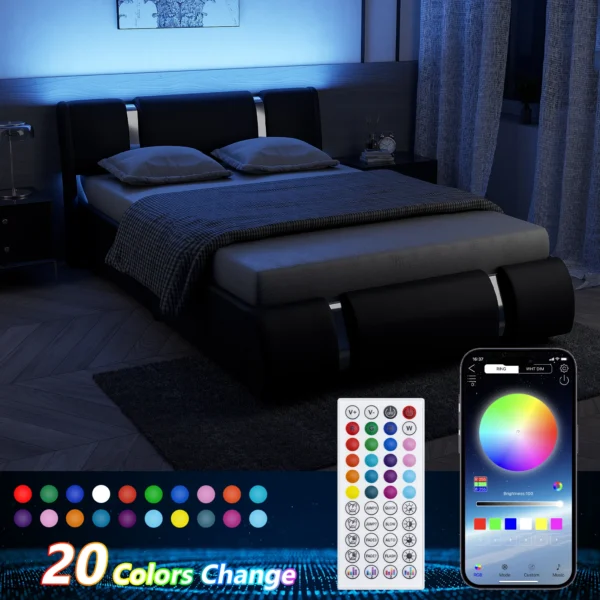 Queen/Full LED Bed Frame with Adjustable Headboard, Modern Upholstered Bed Frame with Faux Leather & Metal Decoration - Image 2