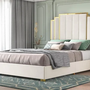 Queen Size Bed Frame and 61" Headboard, Upholstered Bed with Golden Plating Trim, Modern Platform Bed No Box Spring Needed,Cream