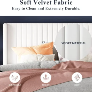 Full Size Velvet Bed Frame/Vertical Channel Tufted Wingback Headboard/Upholstered Platform Bed/Strong Wooden Slats/No Bo - Image 5