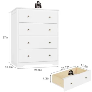 White Dresser 4 Drawer Dressers Chest of Drawers Modern Tall Dresser Wood Drawer Chest Storage Cabinet for Living Room - Image 3