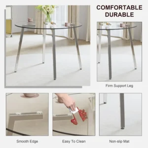 Dining Table, Round Glass, Tempered Glass Top and 4 Chairs with Seat and Sturdy Chrome Legs, 5-Piece Dining Table Set - Image 3