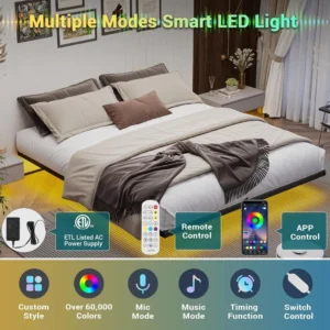 Floating California King Size Bed Frame with LED Lights Metal Platform Bed No Box Spring Needed Easy To Assemble California King - Image 2