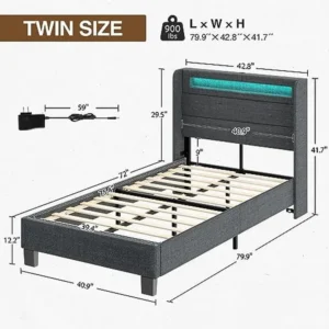 LED Twin Size Bed Frame with Charging Station and Motion Activated Night Light Dark Gray USB Port Remote Control Modern Style - Image 2
