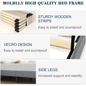 Full Size Bed Frame with Upholstered Headboard, Linen Fabric Wrap, Wooden Slats Support, Solid and Stable, No Box Spring Needed - Image 6