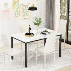 Dining Table Set for 4, Kitchen Table and Chairs, Faux Marble Dining Table with 4 Upholstered PU Leather Chairs - Image 5